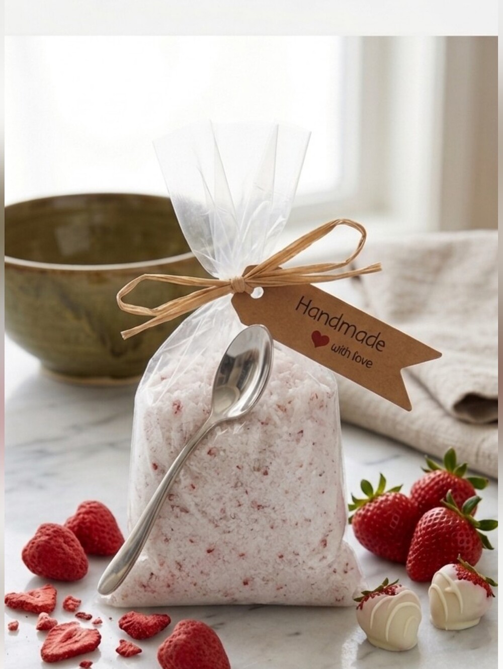 Handmade Strawberry 🍓 Bath Salt Sachet with Spoon 4 Oz.